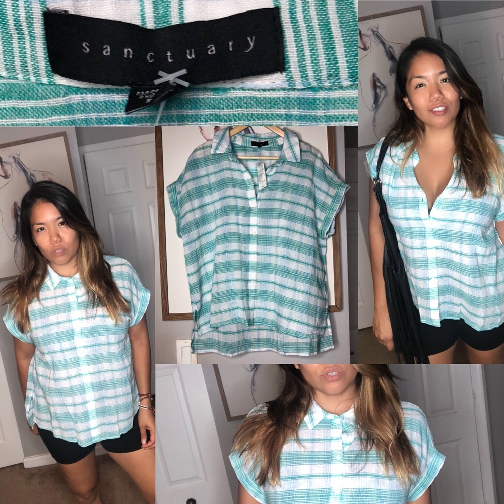 NWT 🌴SANCTUARY SHORT SLEEVE SHIRT GRN/BL PLAID